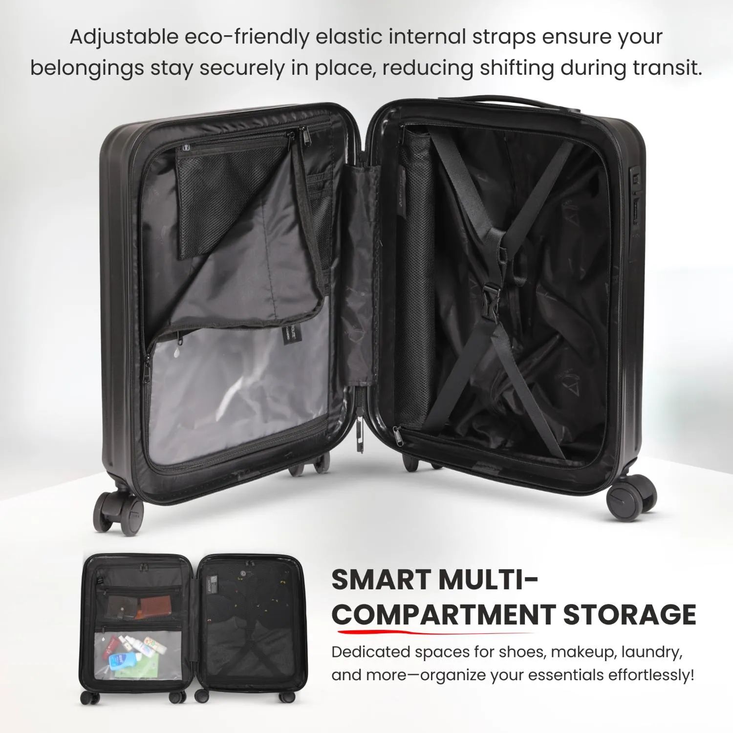Aerolite M-Lite Smart 21” Cabin Suitcase – Silent & Smooth Hinomoto Wheels with Brake Button, Front Laptop Pocket, Durable PP Polypropylene, USB Charging, TSA Lock, 55x40x23cm