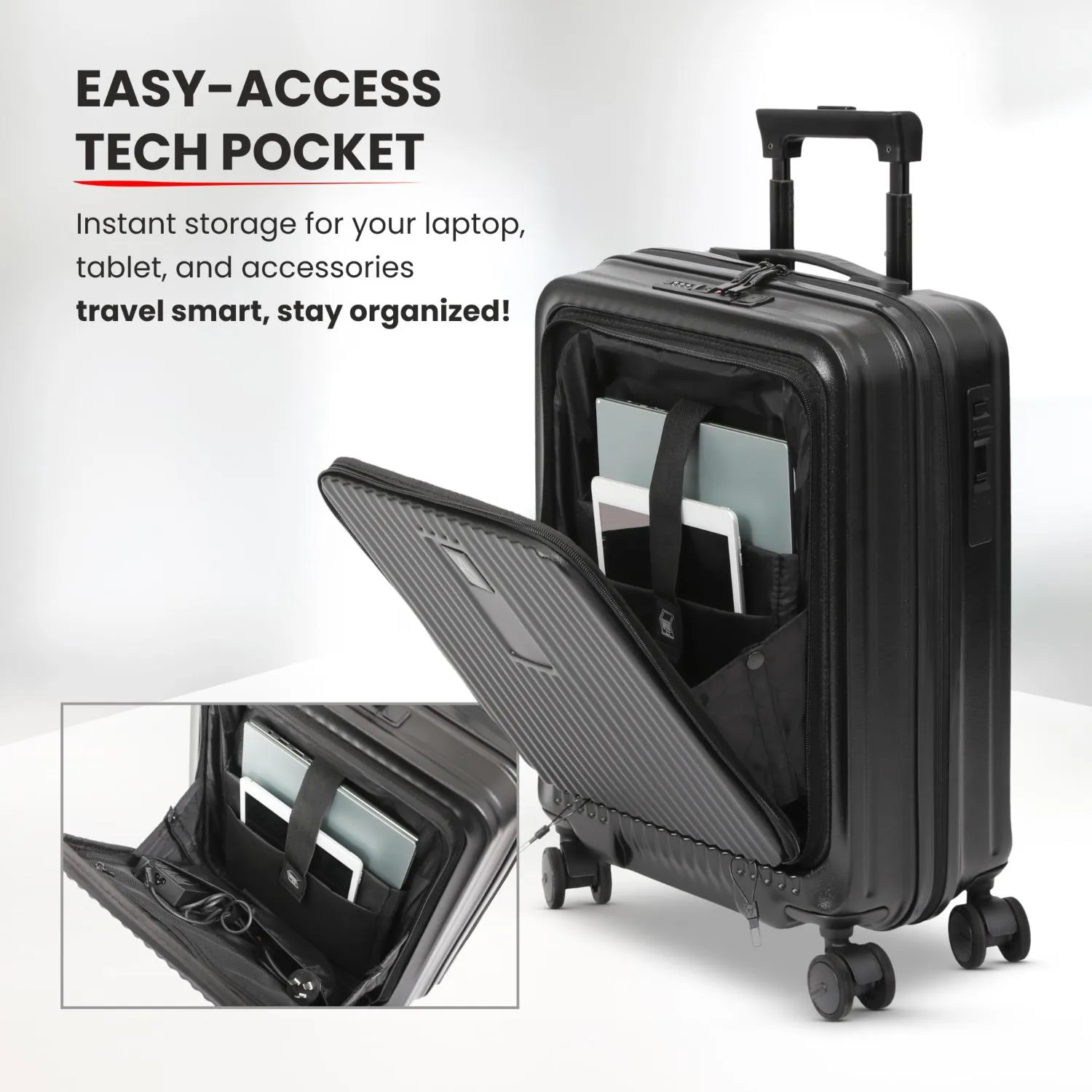 Aerolite M-Lite Smart 21” Cabin Suitcase – Silent & Smooth Hinomoto Wheels with Brake Button, Front Laptop Pocket, Durable PP Polypropylene, USB Charging, TSA Lock, 55x40x23cm