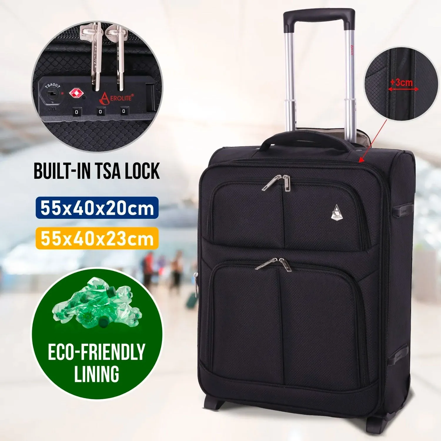 Aerolite Ryanair Bundle Expandable (55x40x20cm) to (55x40x23cm) Ryanair (Priority) Maximum Lightweight Cabin Suitcase and (40x20x25cm) Ryanair Maximum Underseat Holdall