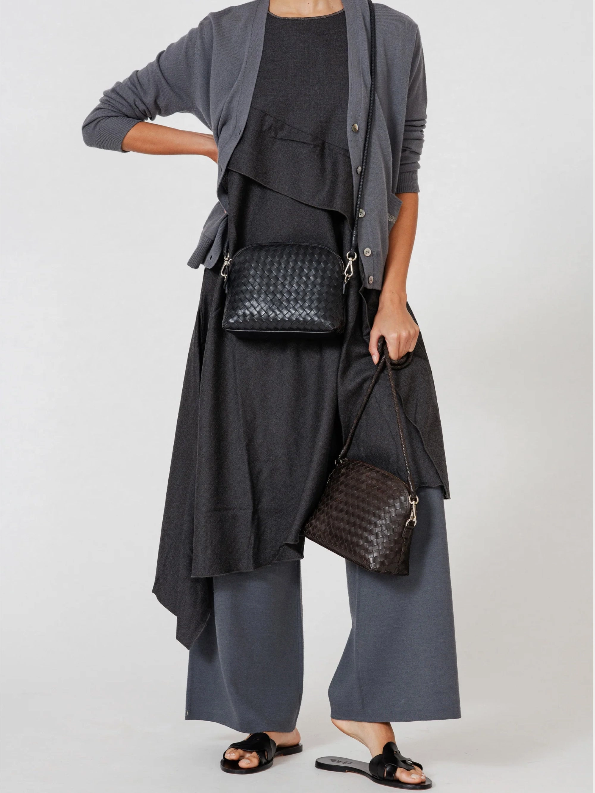 Fellini Chunky Woven Leather Shoulder Bag Black