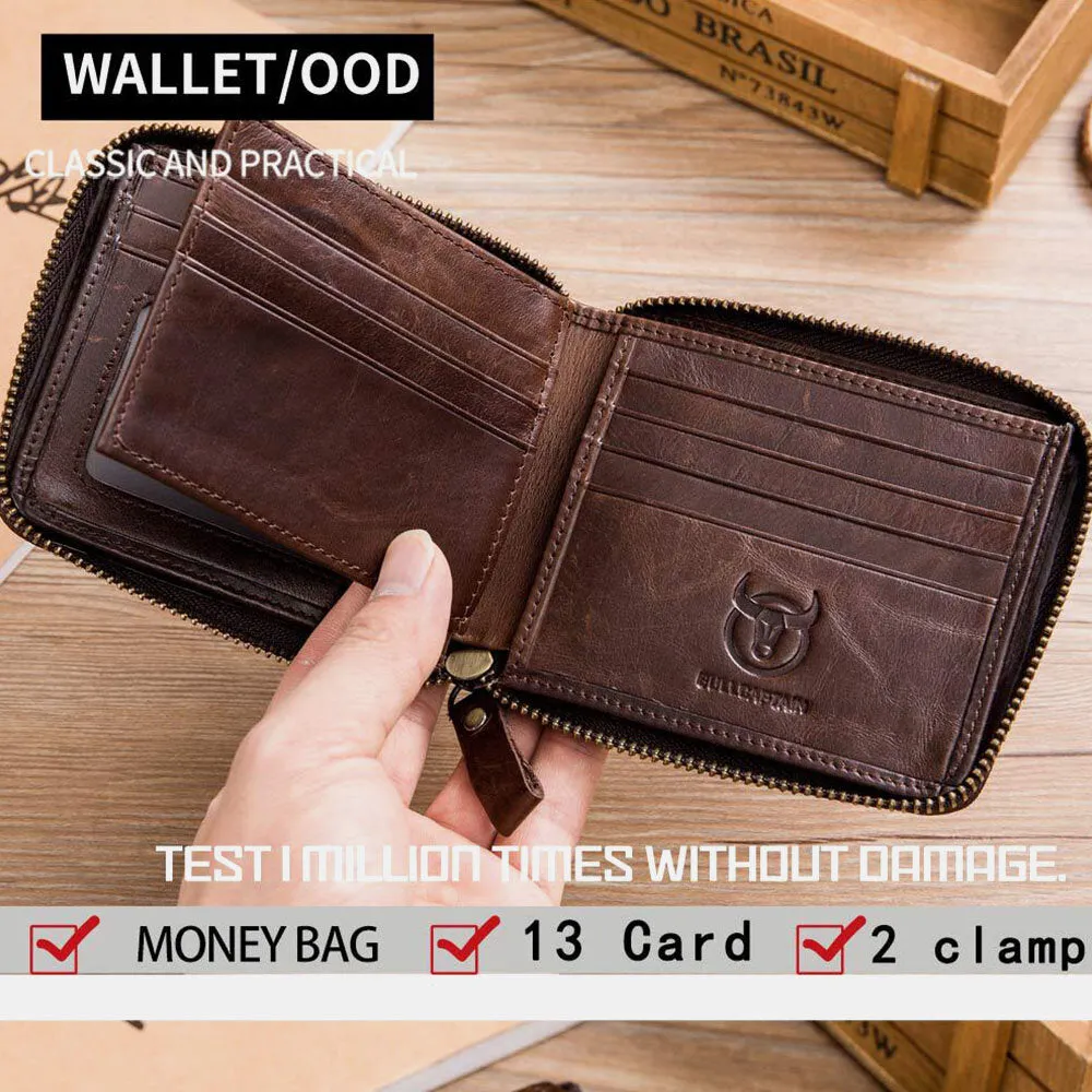 Genuine Leather Men Wallet 13 Multi-Card Card Black Holder Zipper