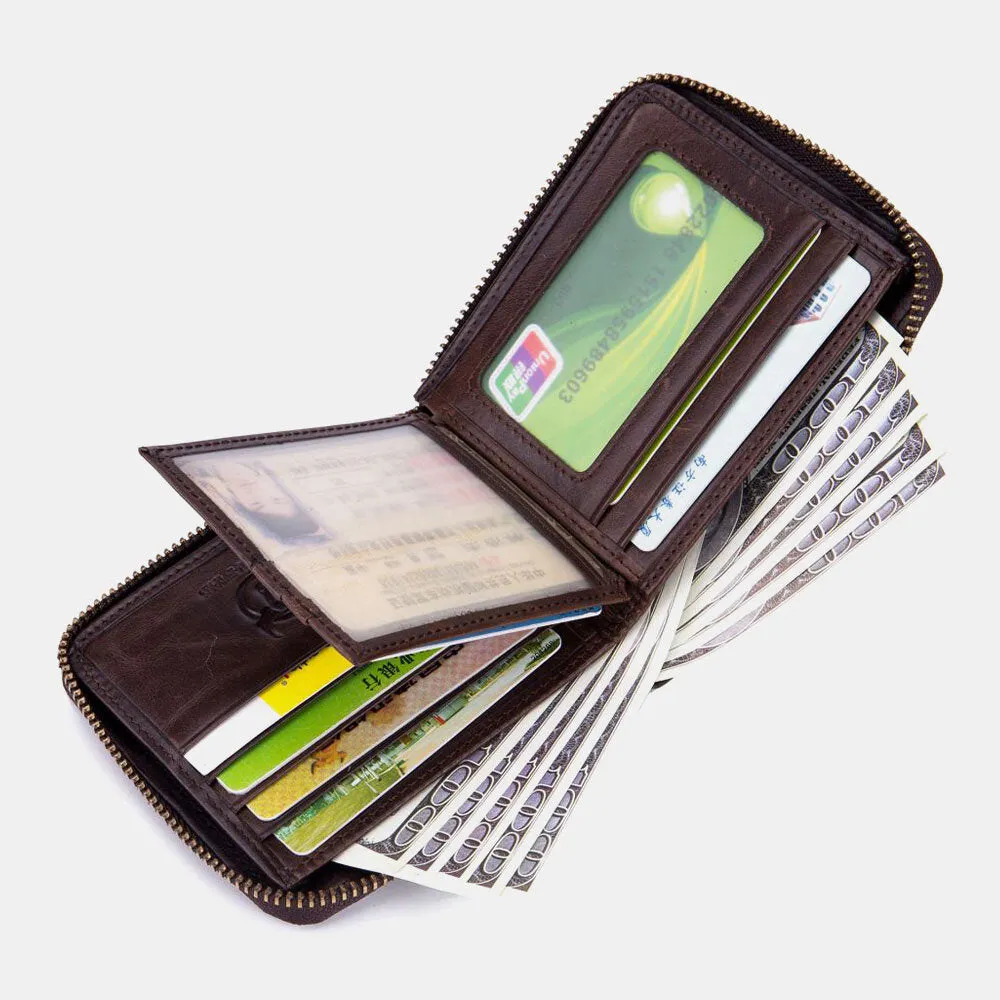 Genuine Leather Men Wallet 13 Multi-Card Card Black Holder Zipper