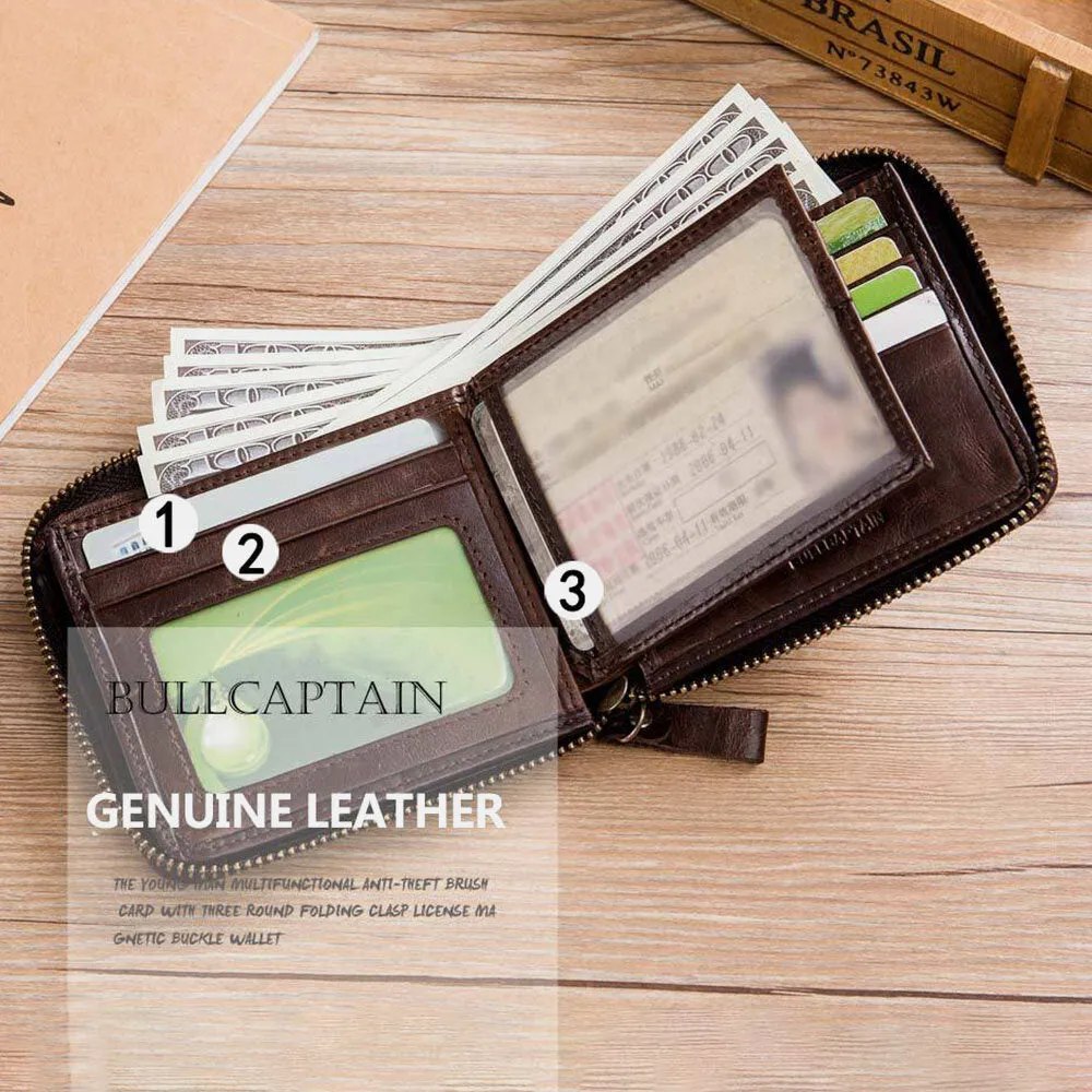 Genuine Leather Men Wallet 13 Multi-Card Card Black Holder Zipper