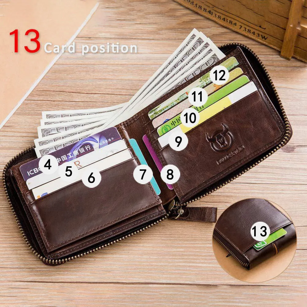 Genuine Leather Men Wallet 13 Multi-Card Card Black Holder Zipper